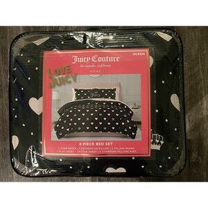 Juicy Couture Black Pink Hearts 8 Pce QUEEN Bed Comforter Shams Sheet Pillow Set